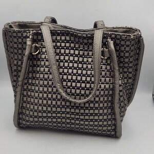 Clutch Woven Tote Bag Gray Faux Leather‎ Shoulder Bag Magnetic Snap Closure